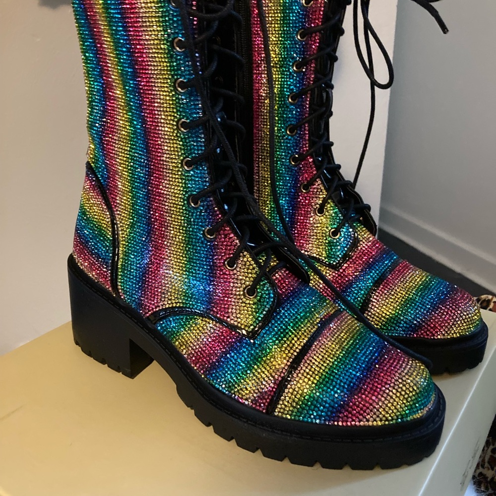 Brand New! Rainbow Pride Rhinestone Combat boots size 9